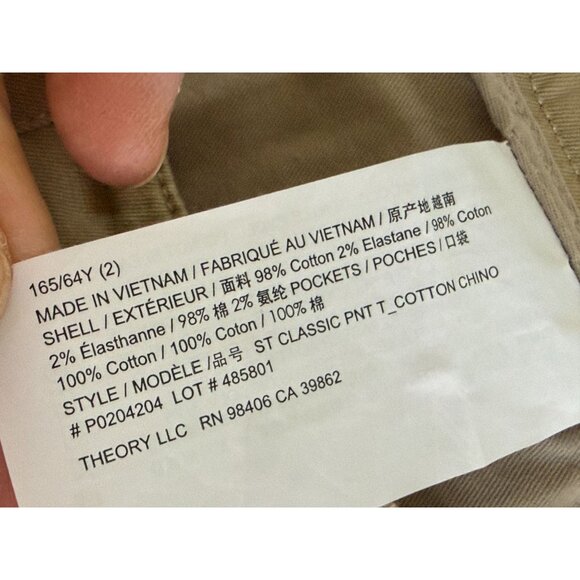 Theory Womens Classic Cotton Blend Khaki Pants Size 2 With Back Flap Pockets & B - Picture 3 of 9